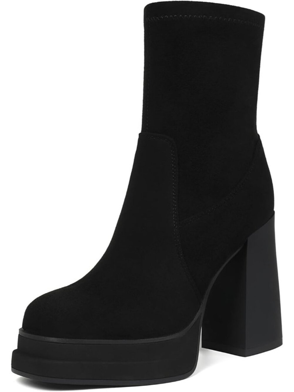 Women's Black Suede Comfortable Round Toe Chunky Block Heel Platform Ankle Boots